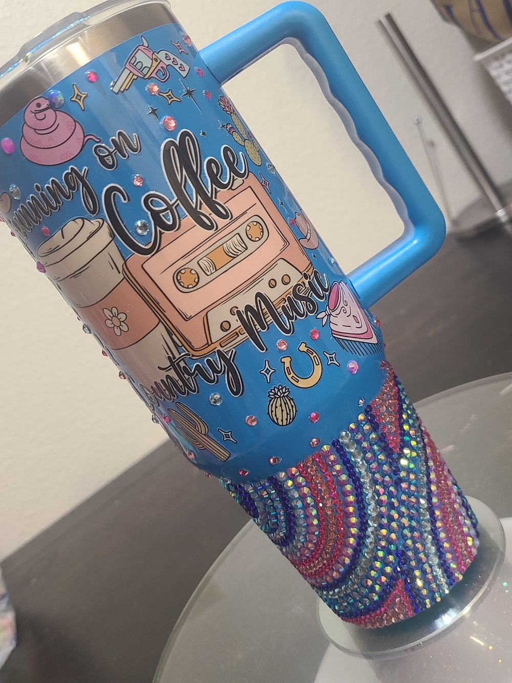 Blue Rhinestone Studded Travel Tumbler - 'Running on Coffee + Country Music'